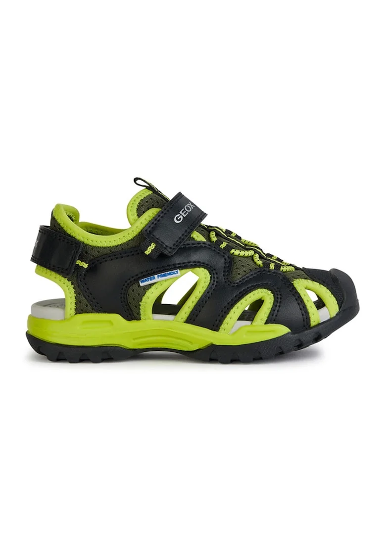 Sandale de piele ecologica si material textil cu banda velcro Borealis, Negru/Verde lime