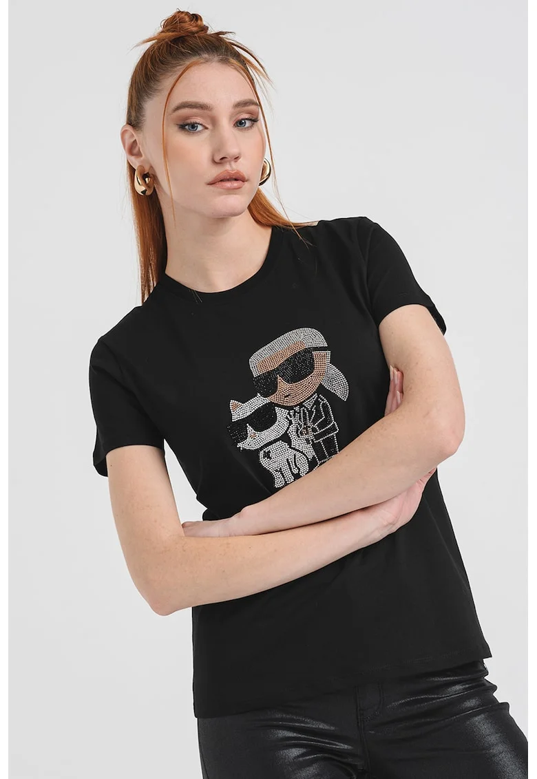 Tricou de bumbac organic cu aplicatii logo din strasuri, Negru/Roz prafuit/Argintiu