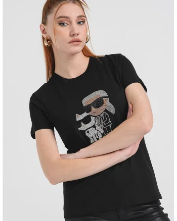 Tricou de bumbac organic cu aplicatii logo din strasuri, Negru/Roz prafuit/Argintiu