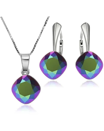 Set Argint 925 placat cu rodiu cu cristale Swarovski® Princess Square 10mm Scarabeus Green Leverback + Lant