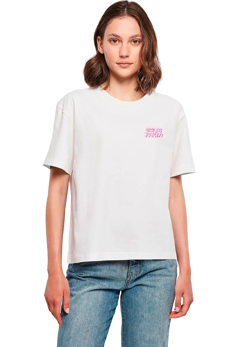 Tricou cu decolteu la baza gatului si model grafic pe partea din spate, Alb/Negru/Roz
