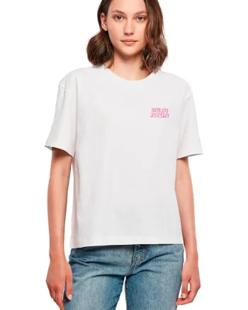 Tricou cu decolteu la baza gatului si model grafic pe partea din spate, Alb/Negru/Roz