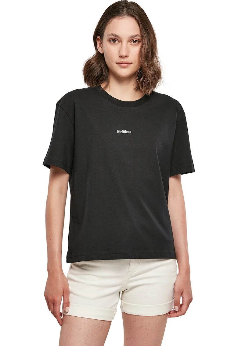 Tricou cu decolteu rotund si imprimeu pe partea din spate, Alb/Negru/Fucsia