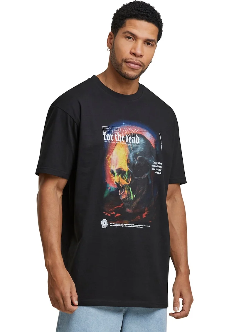 Tricou unisex cu imprimeu, Negru/Portocaliu/Alb murdar