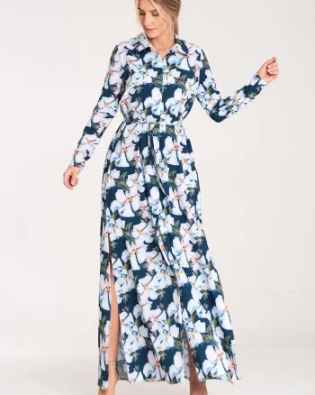 Rochie maxi,  cu nasturi, albastru floral, poliester,