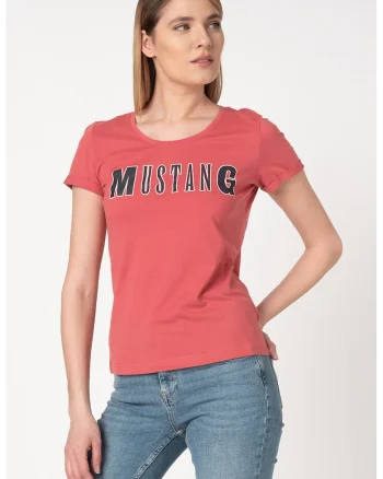 Tricou cu decolteu rotund si logo, Roz prafuit