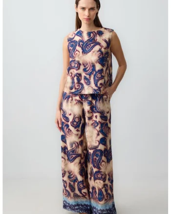 Pantaloni cu croiala ampla si imprimeu, Bej/Bleumarin