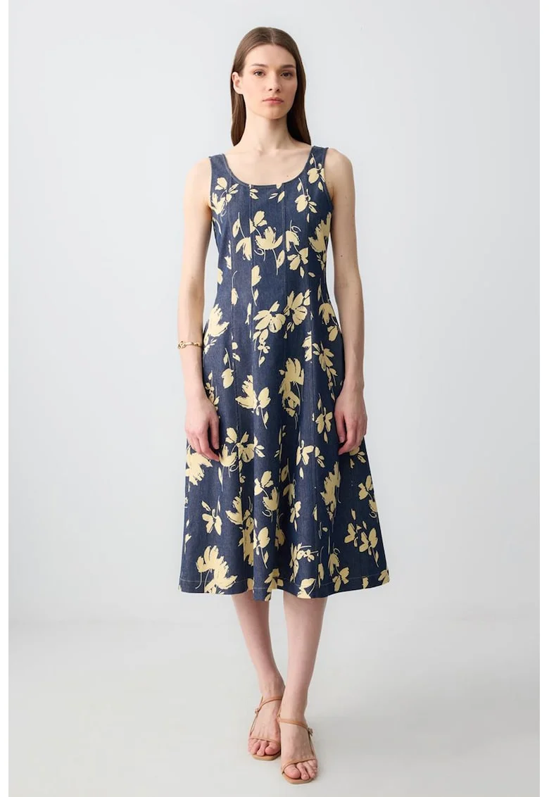 Rochie midi evazata fara maneci cu model floral, Galben/Bleumarin