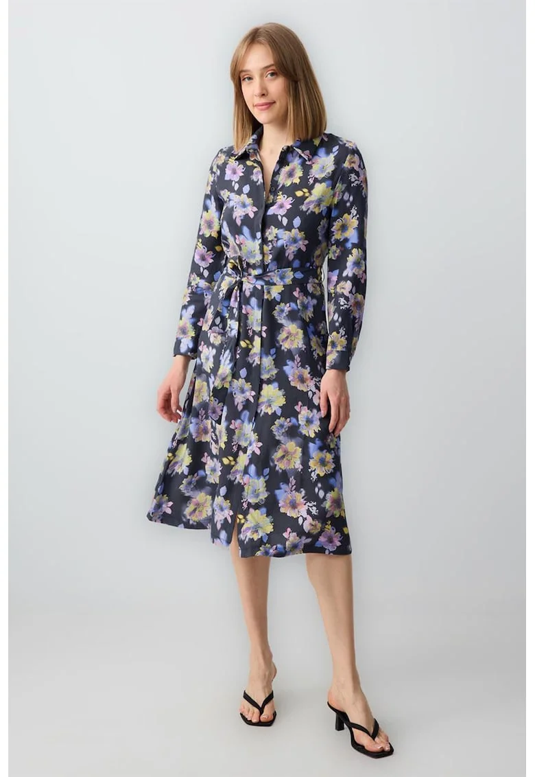 Rochie din amestec de modal cu croiala in A si model floral, Roz/Bleumarin
