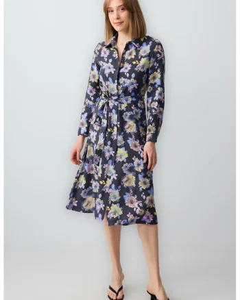 Rochie din amestec de modal cu croiala in A si model floral, Roz/Bleumarin