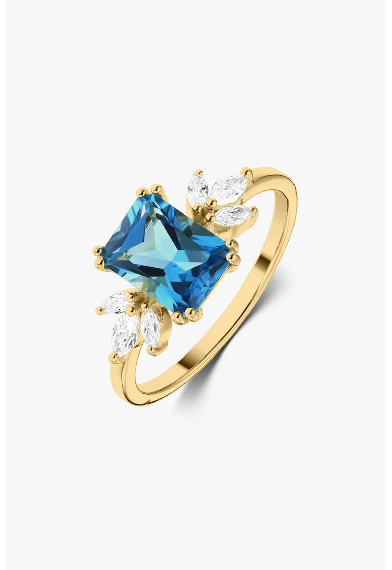 Inel placat cu aur de 14K decorat cu topaz si zirconia, Auriu/Albastru/Argintiu