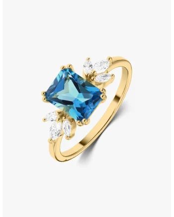 Inel placat cu aur de 14K decorat cu topaz si zirconia, Auriu/Albastru/Argintiu