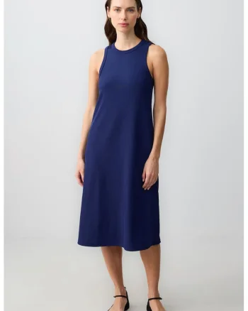 Rochie midi cu croiala dreapta si slit lateral, Bleumarin