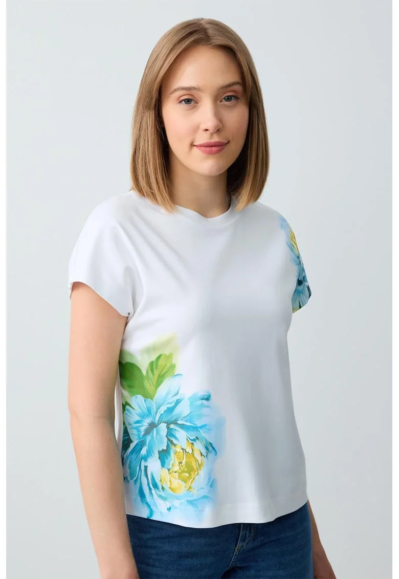 Tricou cu decolteu la baza gatului si imprimeu floral, Alb/Albastru glaciar