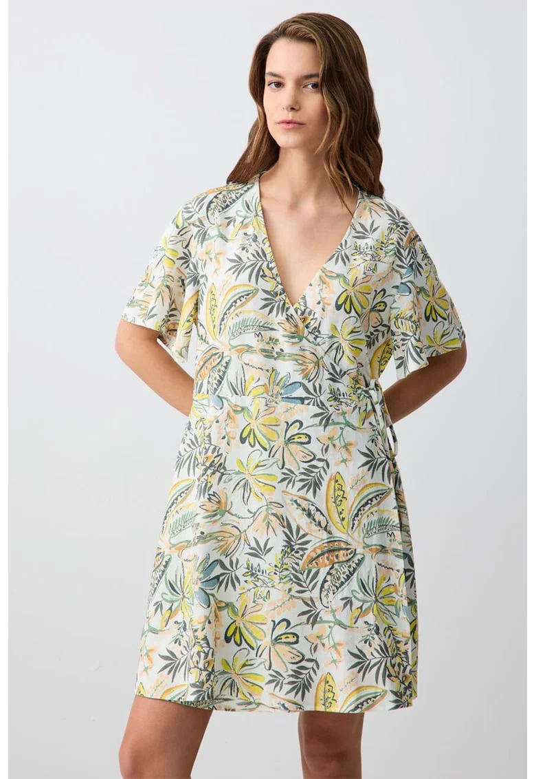 Rochie din amestec de in cu decolteu in V, model drapat si floral, Alb/Verde deschis