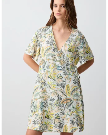 Rochie din amestec de in cu decolteu in V, model drapat si floral, Alb/Verde deschis
