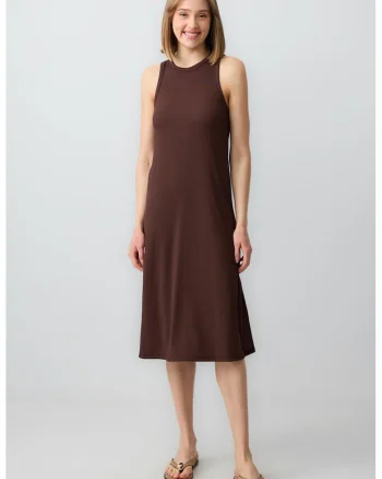 Rochie midi cu croiala dreapta si slit lateral, Maro