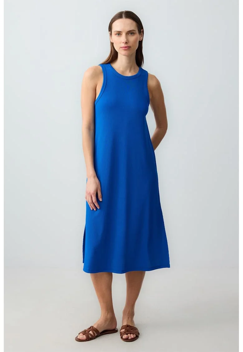 Rochie midi cu croiala dreapta si slit lateral, Albastru royal