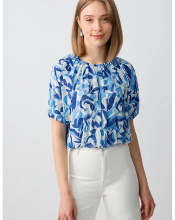 Bluza cu maneci scurte si model, Alb/Albastru