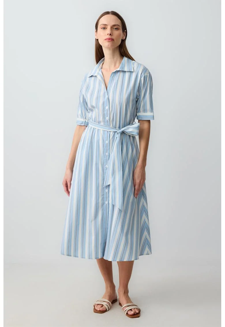 Rochie-camasa midi cu buzunare laterale, Alb/Albastru deschis