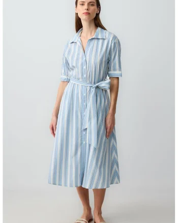 Rochie-camasa midi cu buzunare laterale, Alb/Albastru deschis