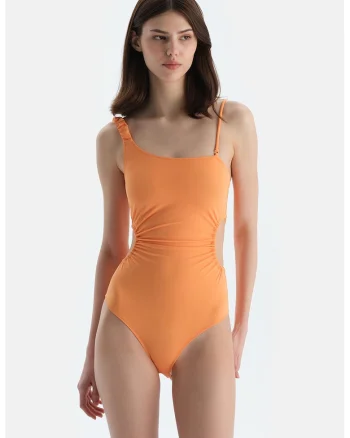 Costum de baie intreg cu croiala asimetrica si decupaje laterale, Portocaliu