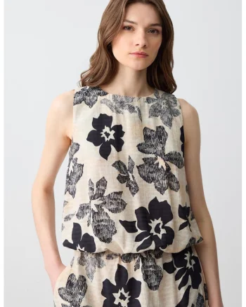 Bluza din amestec de bumbac fara maneci cu model floral, Negru/Bej deschis