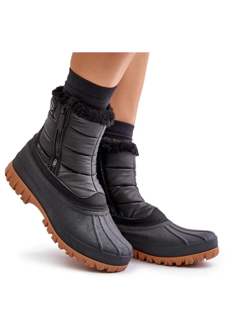 Cizme dama Lee Cooper, negru, material textil, cu blana, inchidere cu fermoar