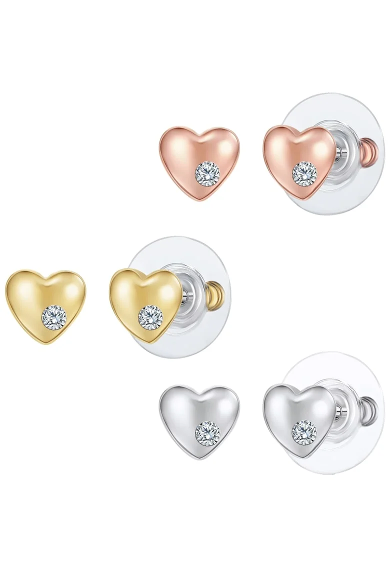Set de cercei in forma de inima placati cu aur de 14K si decorati cu cristale, Auriu/Argintiu