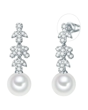 Cercei drop decorati cu perle si zirconia 22549, Argintiu