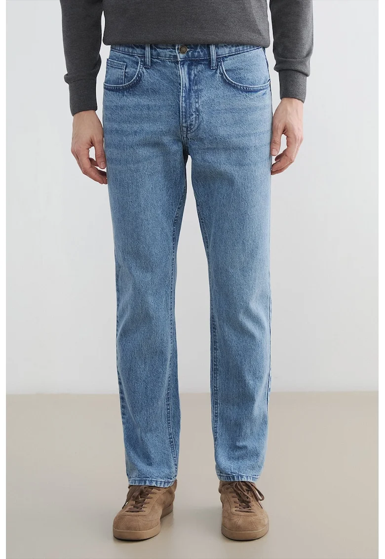 Blugi regular fit cu talie medie, Albastru inchis/Turcoaz