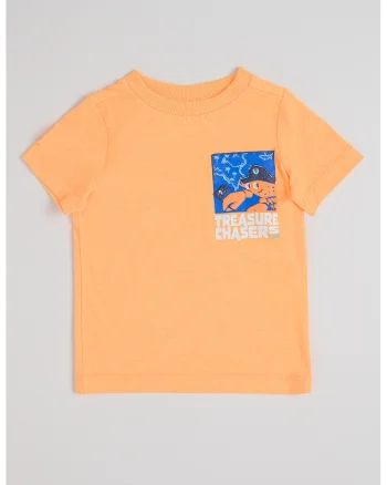 Tricou cu decolteu la baza gatului si imprimeu cu pirat, Portocaliu/Albastru