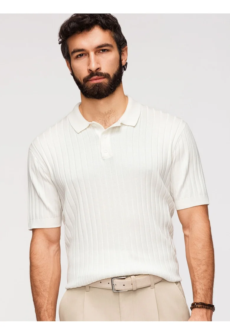 Tricou Polo Barbati Slim Fit Tricotat cu Vascoza, Alb murdar