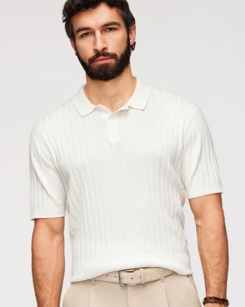 Tricou Polo Barbati Slim Fit Tricotat cu Vascoza, Alb murdar