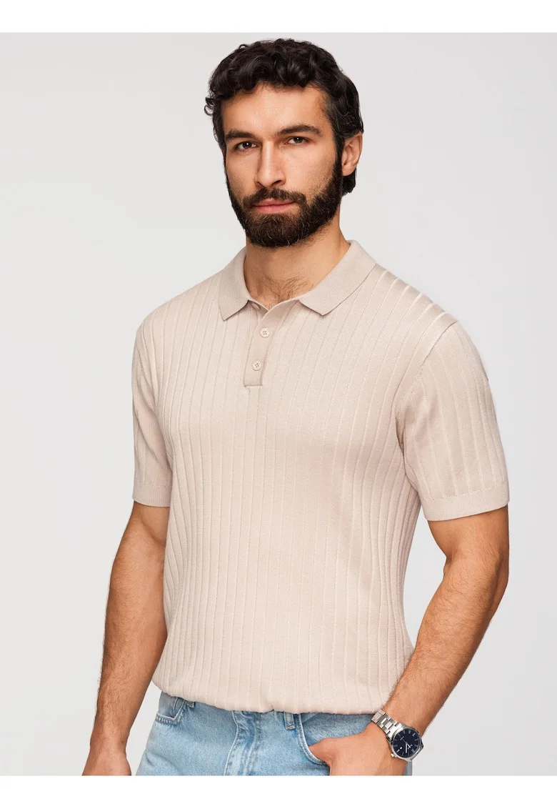 Tricou Polo Barbati Slim Fit Tricotat cu Vascoza, Bej