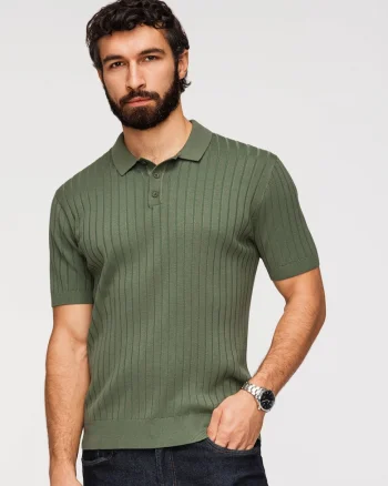 Tricou Polo Barbati Slim Fit Tricotat cu Vascoza, Verde masliniu