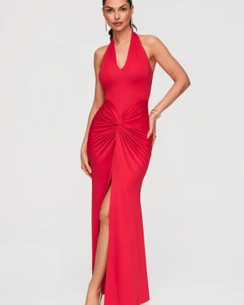 Rochie maxi de seara, croiala mulata, cu decolteu halter si detalii drapate, Rosu