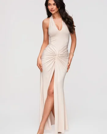 Rochie maxi de seara, croiala mulata, cu decolteu halter si detalii drapate, Crem