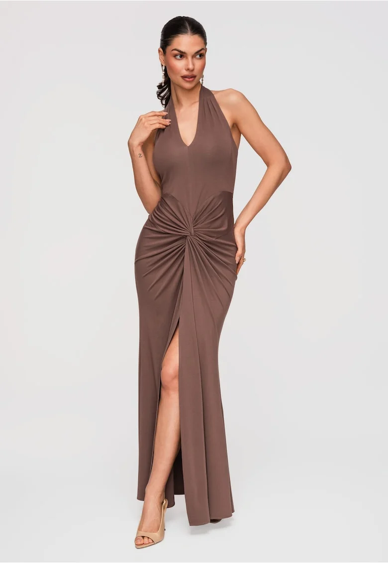 Rochie maxi de seara, croiala mulata, cu decolteu halter si detalii drapate, Maro