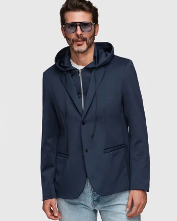 Sacou Barbati Elegant cu Gluga Ajustabila si Inchidere cu Capse, Bleumarin