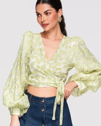 Bluza tip ie, cu maneci bufante, material semi-transparent si croiala cambrata, Verde