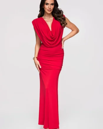 Rochie maxi cu decolteu in V si croiala ajustata, Rosu