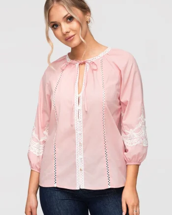 Camasa Dama Lejera Bumbac cu Detalii Brodate Stil Boho Romantic, Roz