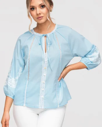 Camasa Dama Lejera Bumbac cu Detalii Brodate Stil Boho Romantic, Albastru