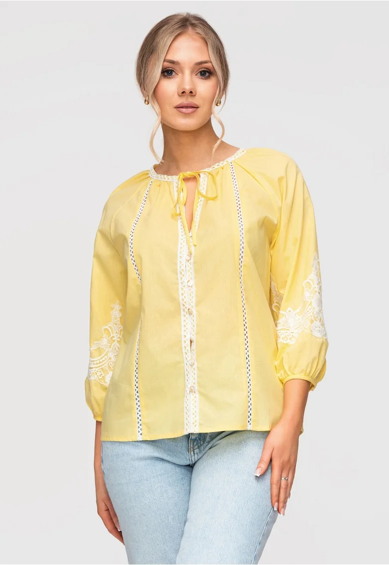 Camasa Dama Lejera Bumbac cu Detalii Brodate Stil Boho Romantic, Galben