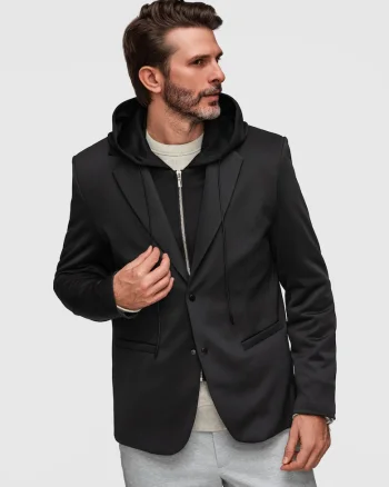 Sacou Barbati Elegant cu Gluga Ajustabila si Inchidere cu Capse, Negru