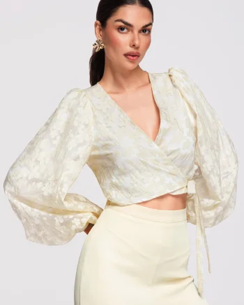 Bluza tip ie, cu maneci bufante, material semi-transparent si croiala cambrata, Bej