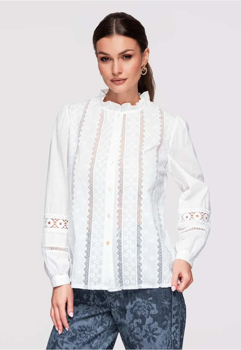 Camasa dama eleganta, bumbac cu broderie, croiala lejera, Alb