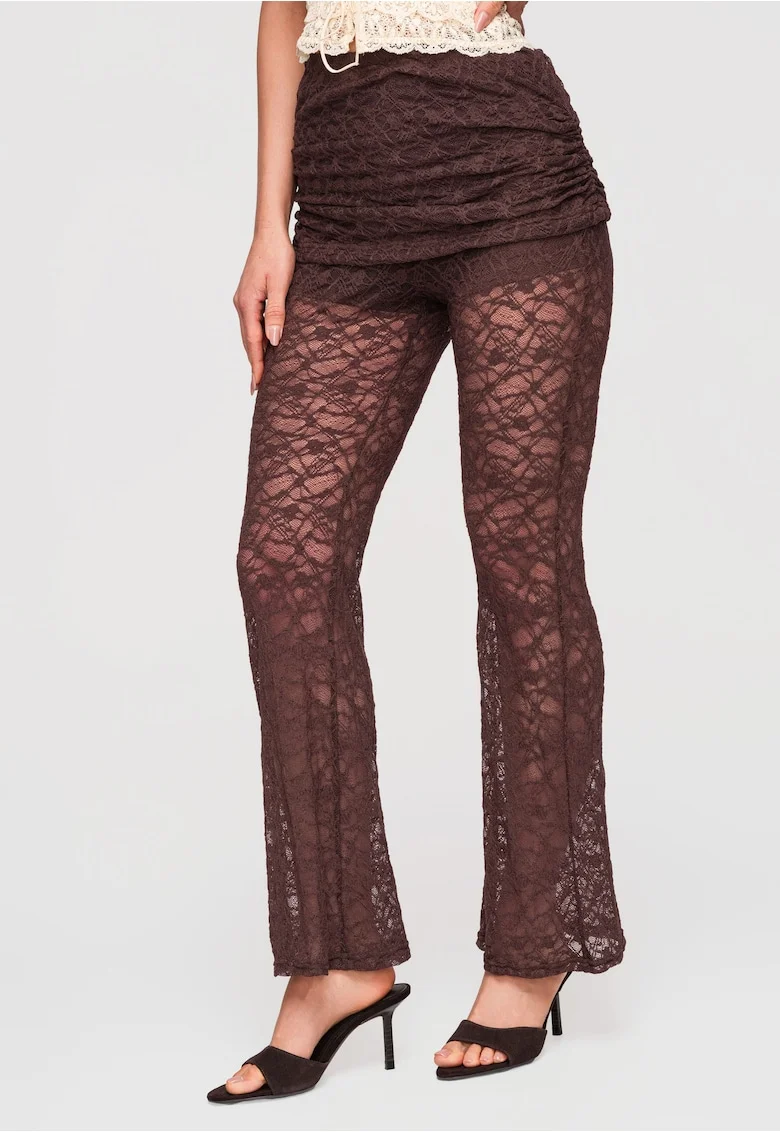 Pantaloni Lunga Dantela Transparenta cu Talie Inalta si Croiala Flare, Maro