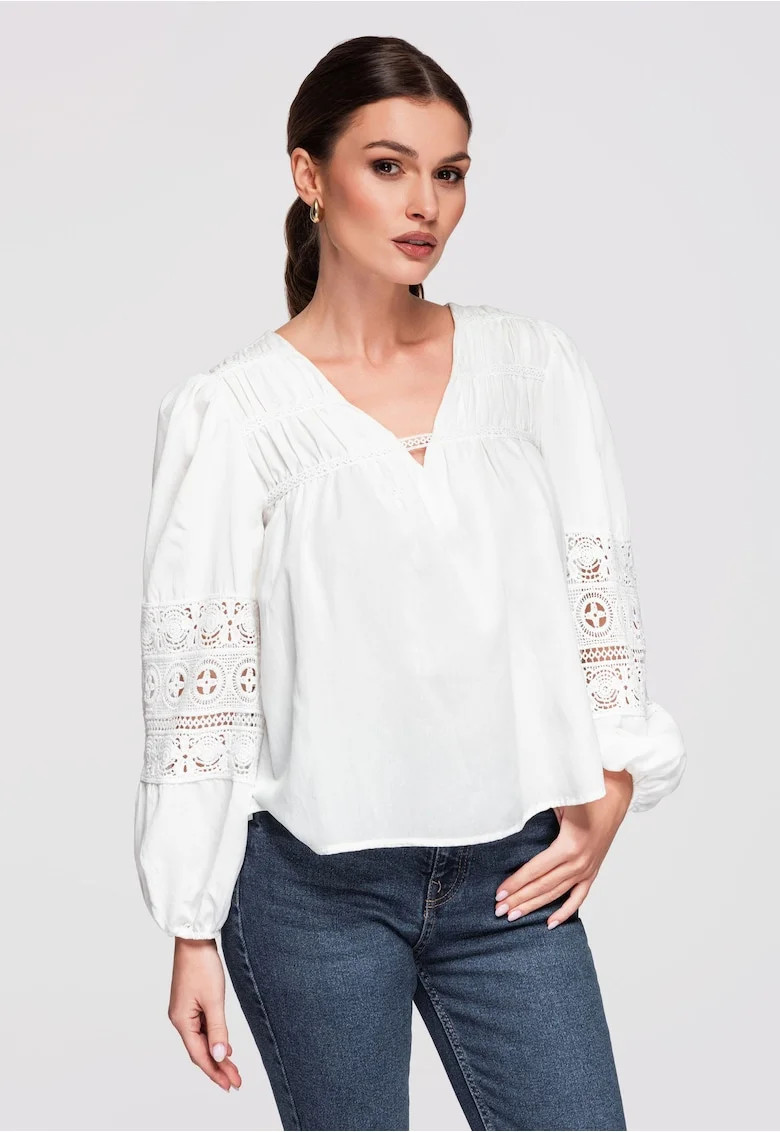 Bluza dama vaporoasa cu detalii crosetate, bumbac si viscoza, stil boho, Alb